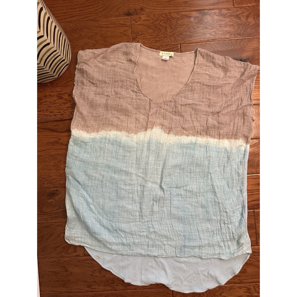 STARK X Tie Dye Blue Brown 100% Linen Top Size L Made In USA